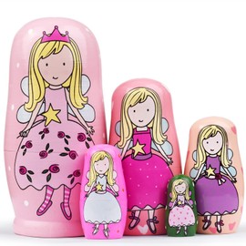 GRPSKCOS Russian Nesting Dolls- Pink Angel Girls Wooden Matryoshka Dolls for Kids Handmade Cute Cartoon Nesting Doll Toy Stacking Doll Set of 5