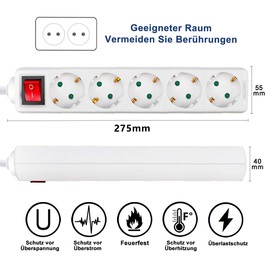 EXTRASTAR ExtraStar 5-Fach Steckdosenleiste mit Schalter und Kindersicherung,5M 3G1.5mm2 Kabel ,16A, 3680W, Mehrfachstecker f??rZuhause, B??ro und so weiter,Wei?