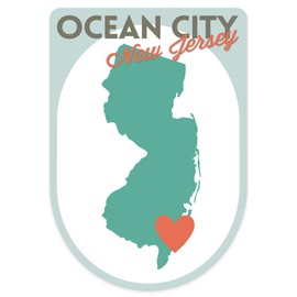 Die Cut Sticker Ocean City, New Jersey, State Outline and Heart, Contour Vinyl Sticker 3 to 6 inches, (Waterproof Decal for Cars, Water Bottles, Laptops, Coolers), Large