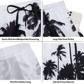 Cozople Men's 3D Print Swim Trunks Hawaiian Palm Tree Graphic Board Shorts Quick Dry Swimwear Bathing Suits with Mesh Lining Black White Stylish Swimwear for Swimming Surfing