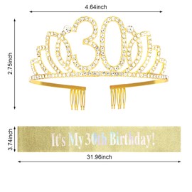 Amariver 30th Birthday Sash and Crown for Women Gold Birthday Crown Its My 30th Birthday Sash Rhinestones Birthday Tiara Happy Birthday Crown Glitter Sash Birthday Decoration for Party Gifts