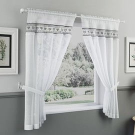 Tyrone Textiles Lucy Embroidered Heart Black Kitchen Window Set Curtain Pair with Frill Edging and Matching Tie Backs - Drop 48" (122cm)