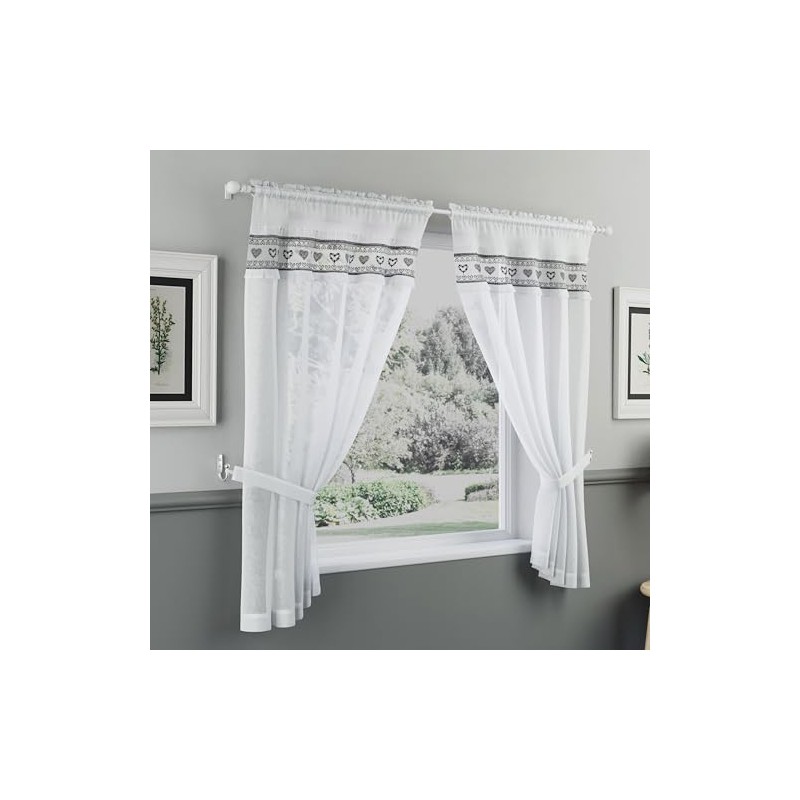 Tyrone Textiles Lucy Embroidered Heart Black Kitchen Window Set Curtain
