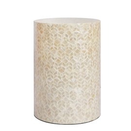 PEMAR Capiz Shell Cylinder Drum End Table Nacre Side Table Stool Drum Accent Table Coffee Bedside Side Table Round Nightstand and Vanity Stool (White Cream)