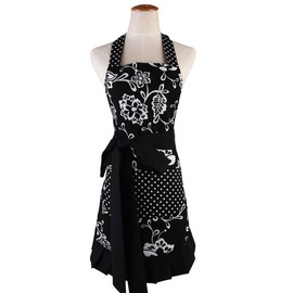 Surblue Women's Vintage Ruffle Floral Apron with 2 Pocket, Extra-Long Adjustable Tie Retro Plus Size Apron for Cooking Home Baking Garden Kitchen, Black (1 PC)