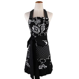 Surblue Women's Vintage Ruffle Floral Apron with 2 Pocket, Extra-Long Adjustable Tie Retro Plus Size Apron for Cooking Home Baking Garden Kitchen, Black (1 PC)