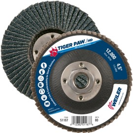Weiler 51167 Tiger Paw XHD Super High Density Abrasive Flap Disc, Type 27 Flat Style, Phenolic Backing, Zirconia Alumina, 4-1/2" Diameter, 5/8"-11 Arbor, 80 Grit, 12000 RPM (Pack of 10)