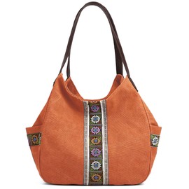 Worldlyda Women Canvas Hobo Purse Multi Pocket Tote Shopper Shoulder Bag Casual Top Handle handbag with Embroidery Ethnic, Orange, Large, Durable