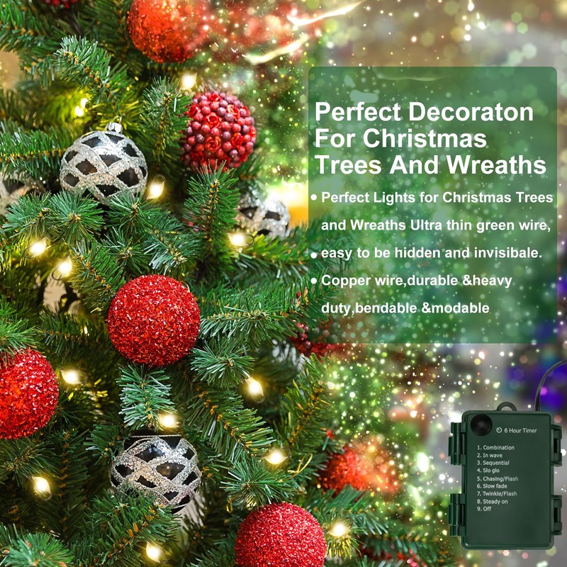 2Pack Outdoor Fairy Lights Battery Operated,10Feet 100LED Green Copper Wire