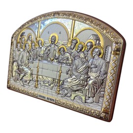 (AC-1/019G/K) Silver Christian Orthodox icon, Gilded, Last Supper, Handmade, Greece (7x5)