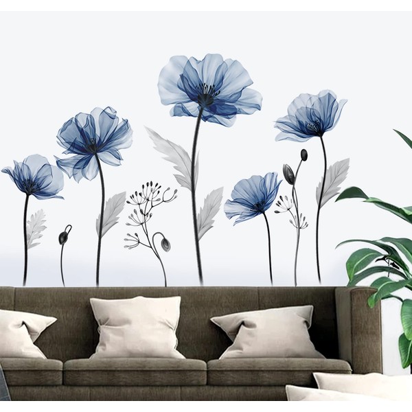 decalmile Lotus Flower Wall Decals Blue Blooming Floral Wall Stickers Bedroom Living Room TV Background Home Decor