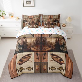 Feelyou Fish Comforter Set with Sheets Queen Size 7 Piece for Kids Boys Girls Smoky Mountain Bedding Set Fish Hook Fishing Theme Bed in a Bag Bedroom Decor Sea Animal Bed Set Farmhouse Brown Bed Set