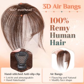 Benehair Clip-In Real Hair Extensions, 3D Air Fringe Real Hair, 20 g, Clip-In Bangs, Real Hair Front Fringe, Natural Bangs with Temple Face Shape, Change High Hairline, Black Brown #2