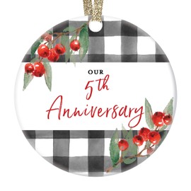DIGIBUDDHA 5th Wedding Anniversary Ornament Gift Christmas Five 5 Years Married Couple Holiday Present Fifth Year Wed Partner Wife Husband Spouse Keepsake 3" Flat Ceramic with Gold Ribbon & Free Box
