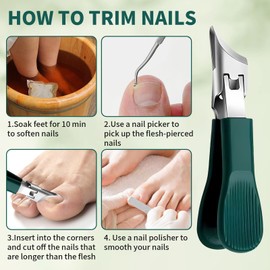 Eagle Beak Nail Clippers, 25° Anti-Splash Slanted Nail Clippers Set (3-Piece), Wide Jaw Opening & Long Handle Design for Thick & Ingrown Nails, Senior-Friendly Ergonomics, Includes Nail File (Green)