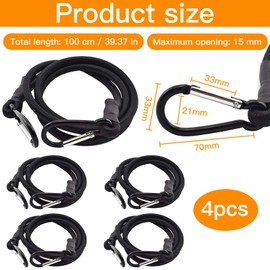 Cisixin Pack of 4 Tensioning Rubber Tensioners with Carabiner Luggage Straps with Strong Hook Black Stainless Steel Black Tension Rope for Transporting Packaging Camping Tent Tarpaulin