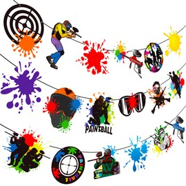 Paintball Party Banners 2PCS Paintball Party Decorations Splatter Splash Cutout Banners Paint Ball Gun Birthday Decorations for Boys Men Sports Shooting Theme Party Supplies