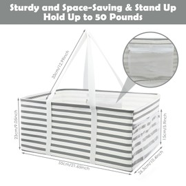 Hikio 2 Pack 22.5 × 12 × 10.5 Inches Standing Extra Large Tote Bags with Metal Fixed Frames，Foldable Reusable Tote Bag with Handles, for Picnics, Beaches, Camping, Grey