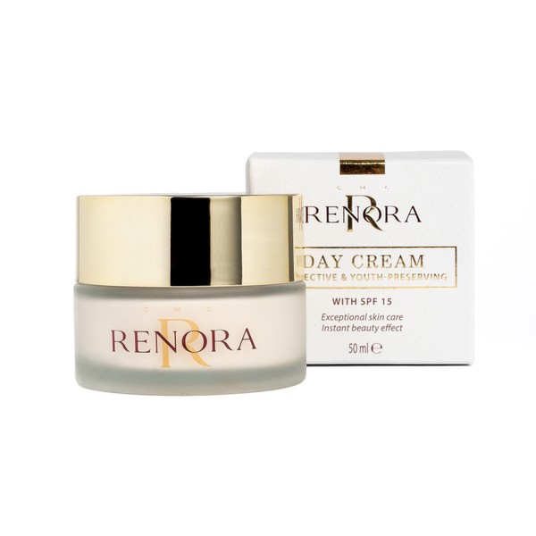 RENORA Day Face Cream Moisturising Cream Anti-Ageing Gold Particles Hyaluronic Acid Royal Jelly For Dry and Normal Skin Sun Protection SPF 15 50 ml