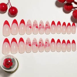 24Pcs Valentines Nails Press on Nails Long Almond Shape Nails Heart Fake Nails with Nail Glue Red French Tip Acrylic Nails Supply Full Cover Red Valentines Heart Line False Nails for Women Girls