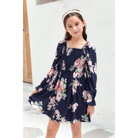 Girls Floral Ruffle Mini Dress Square Neck Lantern Sleeve Smocked Flower Chiffon Boho Sundress