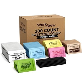 WorkBrew Sweetener Packets Variety Pack with Stirrers, 200 Count, Individually Wrapped Coffee Sweeteners, Stevia, Cane Sugar, Raw Sugar, Sucralose, Aspartame, Saccharin