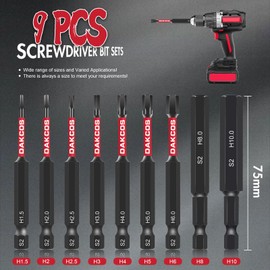 DAKCOS 75mm Long Allen Key Drill Bit Set,H1.5-H10, 9 PCS 1/4 Inch Hex Shank Hex Screwdriver Bit Set, Flat Head Drill Bits for Impact Power Tool S2 Steel