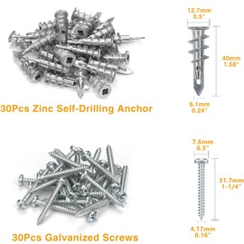 60PCs Zinc Self-Drilling Drywall Anchors, Hollow Metal Wall Anchors and Screws Kit, 30 Heavy Duty Anchors + 30#8 x 1-1/4'' Screws, Holding Up to 50 Pounds for Hanging and Mounting