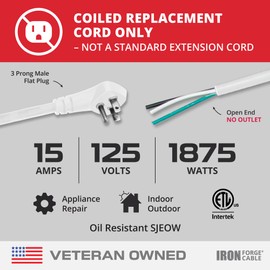 Iron Forge Cable 15 Amp White Replacement Coiled Extension Cord 11.5 ft - SJEOW Oil Resistant & Flat Plug 3 Prong, 12 Gauge Coiled Cord for Outdoor & Indoor