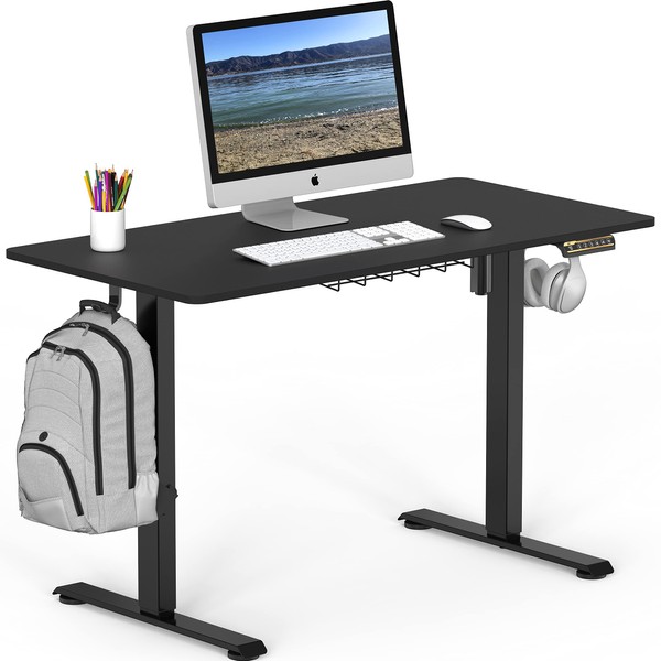 SHW Electric Height Adjustable Sit Stand Desk with Hanging Hooks
