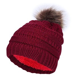 Women Winter Warm Beanie Hat Knitted Faux Fur Pom Pom Hat Bobble Hat Chunky Beanie Hat Wool Crochet Knit Hat Beanies Thickened Fleece Lined Thermal Skiing Hat with Black Headband