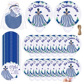 Weysat 50 Pcs Quinceanera Party Favors for Guests 2025 Mis Quince Round Folding Fans with Plastic Handle Thank You Tags and Gift Bag Handheld Fans for Sweet 15 Years Quinceanera Birthday Girls (Blue)
