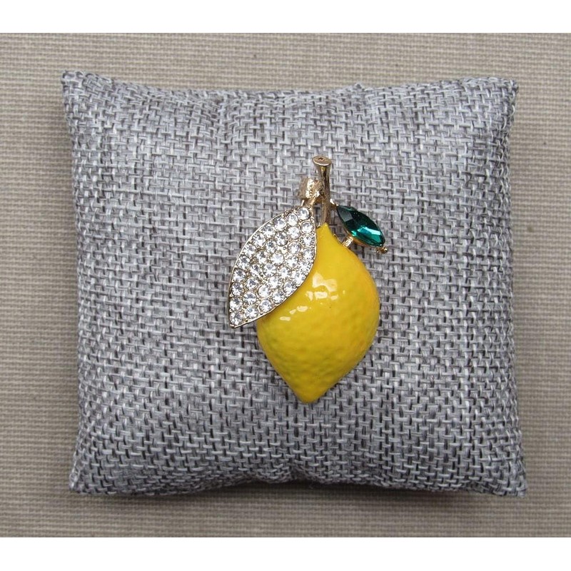 Stainless Steel Fruit Lemon Yellow Leaf Brooch with Rhinestones and
