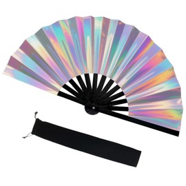 WUYUEJXI Large Glitter Holographic Rave Hand Fan, Clack Laser Colors Hand Rave Fan ，for Music Festival,Club, Party, Dance，Disco, Neon, Glow Party Decorations ﻿