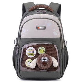 Amythe School Bag Boys School Bag for Boys 1st - 3rd Grade, Breathable Children's Backpack, Large Backpack Nursery Boys with Cute Dolls and Badges, gray
