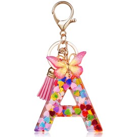 OSDUE Fashion Alphabet Initial Letter Keychain, Women Tassel Butterfly Pink Purple Cute Car Keyrin, Pink and Gold Resin Alphabet Keychain, Tassel Butterfly Pendant Key Ring for Wallet (A)