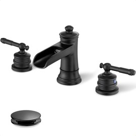 HOIGY Black Waterfall Bathroom Faucet Widespread, Brass Bathroom Faucets for Sink 3 Hole, 4-16 Inch Faucet Bathroom Vanity Faucet with 2 Handles Supply Hoses & Pop-Up Drain for Modern Farmhouse