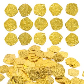 Lufdegim Pack of 100 Gold Coins Pirate Treasure Plastic Gold Coins Pirate Treasure Party Decorations Gold Taler Treasure Hunt Theme Events Pirate Children's Birthday Party