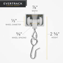 EverTrack Curtain Hooks - Dual Wheel Roller Carriers for Ceiling Mounted Curtain Track with Stainless Steel Hooks for Curtains, Drapes, and Room Dividers - Pack of 15