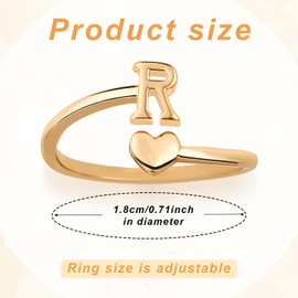Heart Initial Stackable Rings, Adjustable Pinky Rings Cute Capital Letter Rings Heart Rings Non Tarnish Gold Rings Alphabet Gold Pinky Rings Jewerly Gift for Women (R)