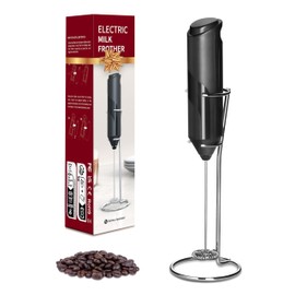 YSSOA Electric Milk Frother Handheld with Stainless Steel Stand Battery Operated Whisk Drink Mixer for Coffee, Latte, Matcha, Hot Chocolate, Black