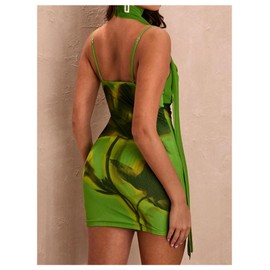 Verdusa Women's Floral Sleeveless Bodycon Halter Dress Draped Neck Mini Cami Dresses with Scarf Green Medium