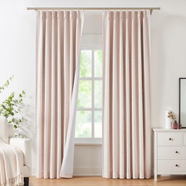 Pinch Pleat Full Blackout Curtain Panel Linen Texture Thermal Insulated Drapery with Full Blackout Liner for Farmhouse Bedroom Window Treatment Sets with Hooks, Pink, 40"x108"x2