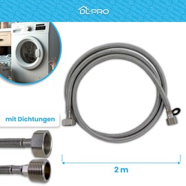 DL-pro Inlet Hose Extension 2 m 3/4 Inch Straight/Straight -15° to +90° Stainless Steel for Washing Machine Dishwasher Dishwasher
