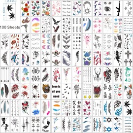 Womaha 100 Sheets Temporary Tattoos for Women Star Moon Feather Tattoo for Kids