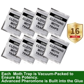 USKICH Clothes Moth Traps with Strength Pheromones |Sticky Glue Trap for Closets and Carpet Moths |Clothing Moth Traps for Feathers, Fur, Wool |Lure, Trap and Kill Case-Bearing Webbing Moths(16 Pack)