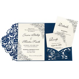 DORIS HOME 50pcs Laser Cut Wedding Invitation Pockets with Envelopes Blue, 5.12" x 7.12"Invitation Cards for Wedding, Anniversary (No Inserts Included)