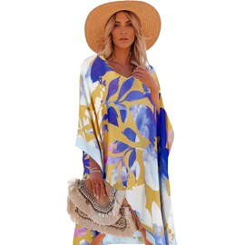 Moss Rose Caftan for Women Beach Cover up Swimsuit Kimono Cardigan with Bohemian Floral Print Yellow