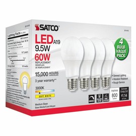 Satco 4.17 Inch 9.5W A19 LED Medium Base Replacement Lamp (Pack of 4)-3000 Color Temperature-Frosted Finish