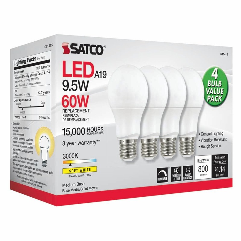 Satco 4.17 Inch 9.5W A19 LED Medium Base Replacement Lamp